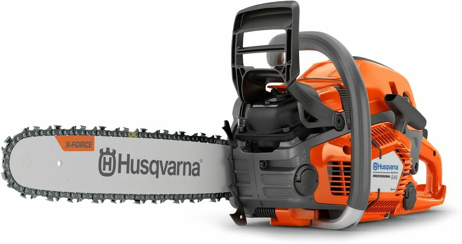 Orange Husqvarna Motorsäge, modernes Design, markantes Logo, Kettenschutz in Grau.