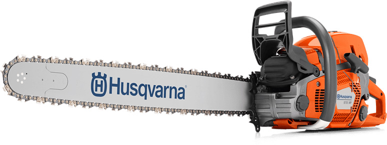 Eine orangefarbene Husqvarna-Kettensäge mit grauer Führungsschiene.