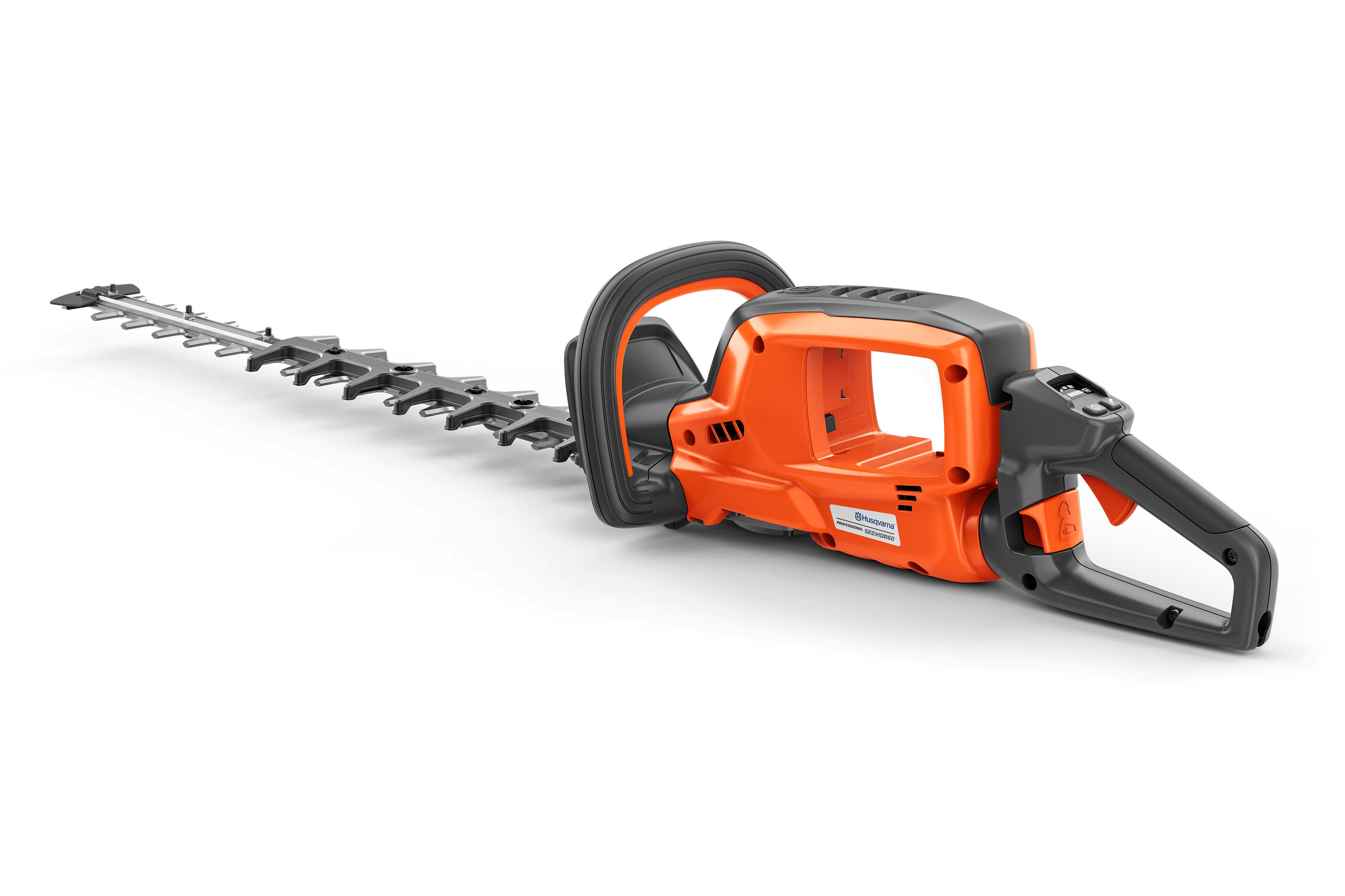Ein orangefarbener Heckenschneider mit schwarzem Griff auf weißem Hintergrund.